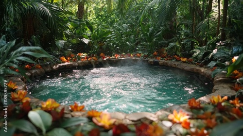 Relaxing hot spring surrounded by vibrant greenery and colorful flowers in a ...