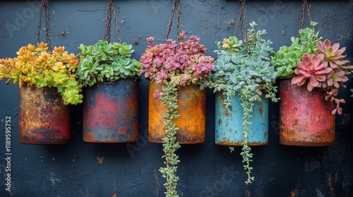 Colorful succulents in rustic hanging pots against a dark background during d...