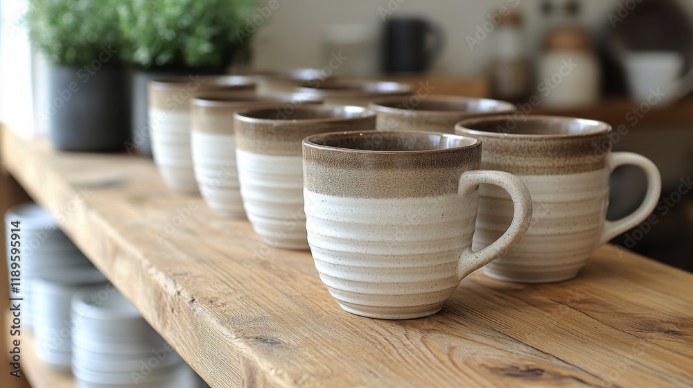 Collection of ceramic mugs arranged neatly on wooden table in a cozy kitchen setting Collection of ceramic mugs arranged neatly on wooden table in a cozy kitchen setting
