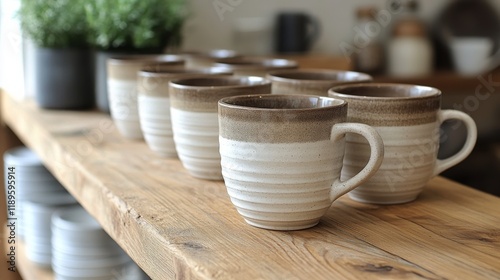 Collection of ceramic mugs arranged neatly on wooden table in a cozy kitchen ...