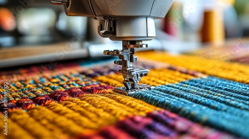 Golden thread on a vibrant fabric under a sewing machine during a crafting se...