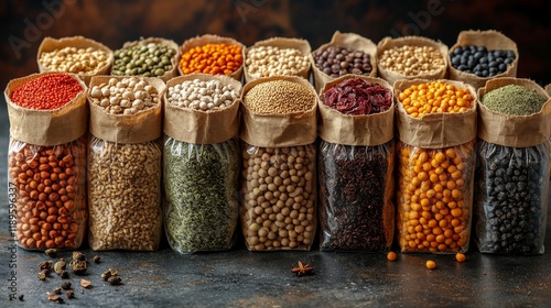 Fresh herbs and spices arranged in burlap sacks on a dark background for culi...