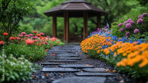 Vibrant flower garden with gazebo and winding pathway in a peaceful setting