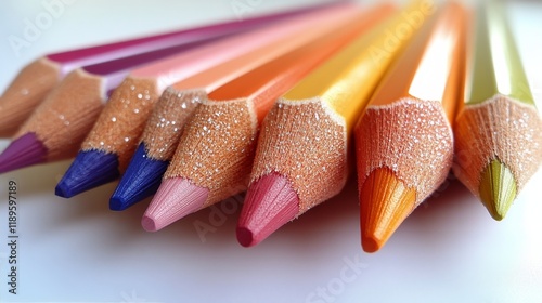 Collection of colored pencils arranged in a row with vibrant tips on a smooth...