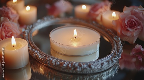 Candles and mirror creating a serene ambiance in a cozy indoor setting during...