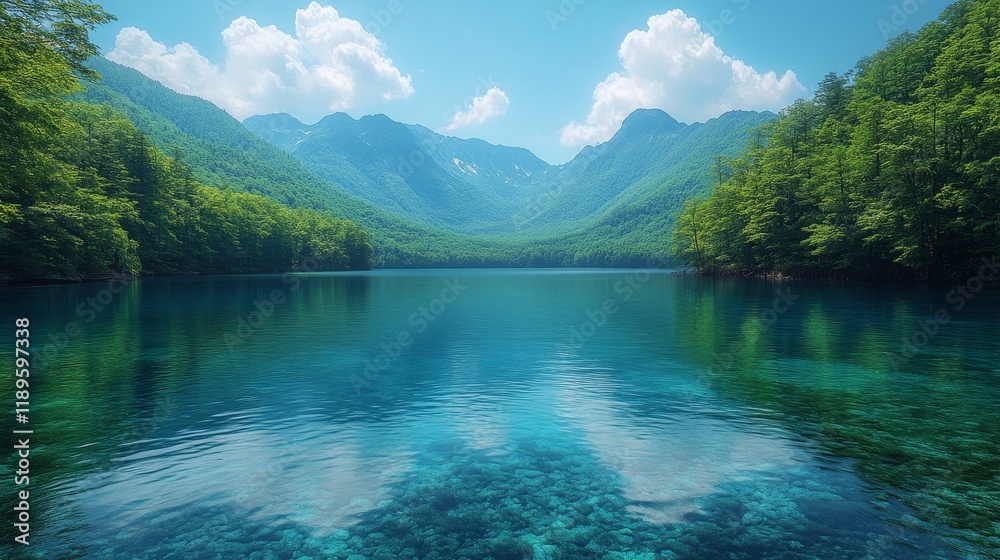Clear turquoise lake nestled between green hills under a bright blue sky with fluffy clouds Clear turquoise lake nestled between green hills under a bright blue sky with fluffy clouds