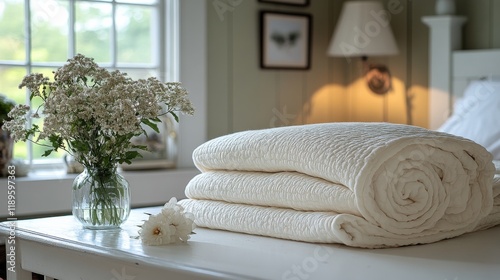 Cozy knitted blanket draped on a white wooden table with flowers in a vase ne...