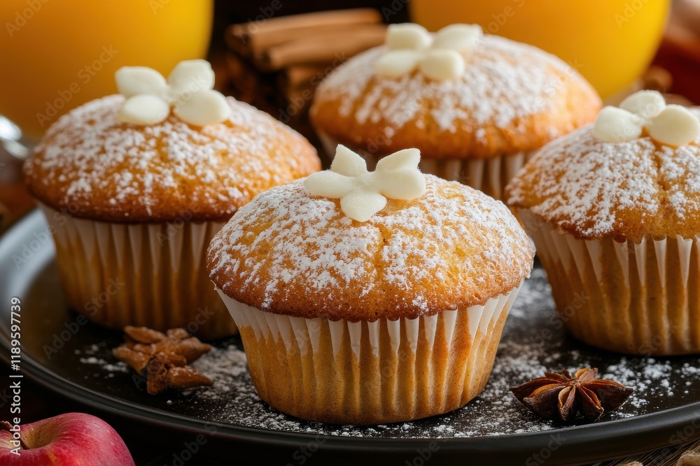 Delicious muffins, freshly baked and dusted with powdered sugar, make a tempting treat.