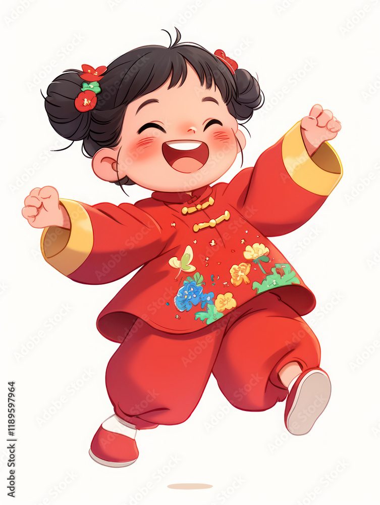 joyful asian girl in red traditional outfit, smiling and jumping with excitement. Her playful expression and colorful attire reflect festive spirit of chinese new year joyful asian girl in red traditional outfit, smiling and jumping with excitement. Her playful expression and colorful attire reflect festive spirit of chinese new year