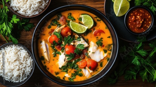 Delicious Brazilian fish stew moqueca de peixe served in dark bowl. White rice on side. Fresh herbs like cilantro, parsley garnish stew. Slices of lime add refreshing touch. Dish looks hot, inviting. photo