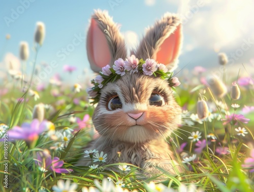 Cute 3D cartoon rabbit with a flower crown in a field of flowers
