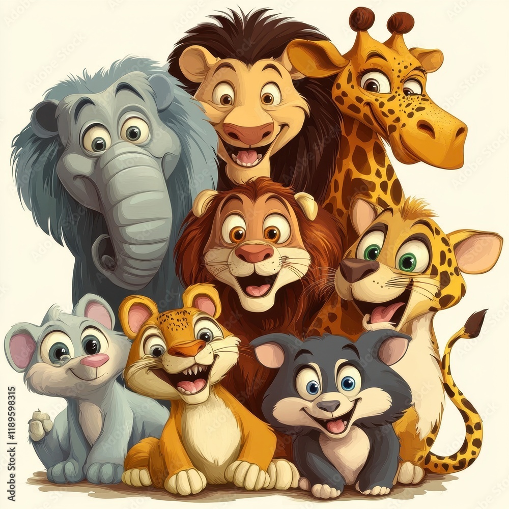 Naklejka premium Happy Cartoon Animals Grouped Together In A Friendly Pose