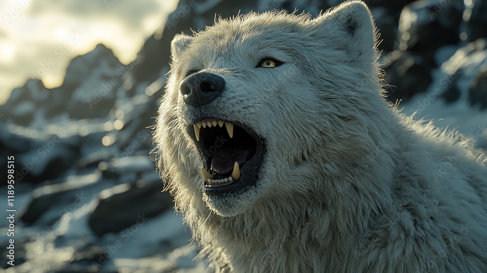 Obraz premium Arctic wolf snarling, sunset background.