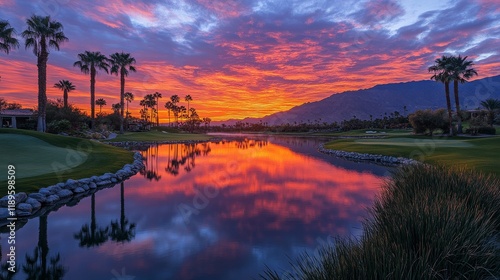 Stunning sunset over tranquil lake surrounded by majestic mountains and everg...