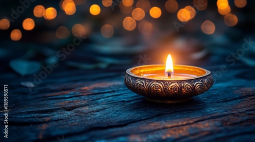Festive oil lamp glowing amidst twinkling lights in a serene outdoor setting ...