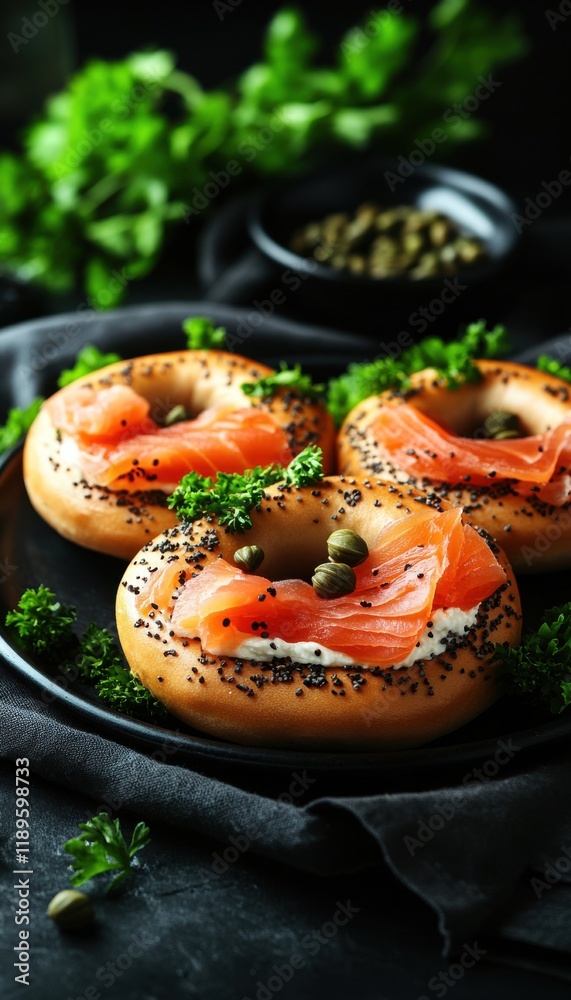 Smoked salmon bagels with cream cheese and capers. A delicious and elegant appetizer or brunch option.