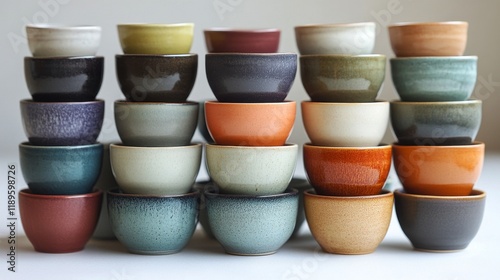 Colorful ceramic cups arranged in a neat row on a bright kitchen counter