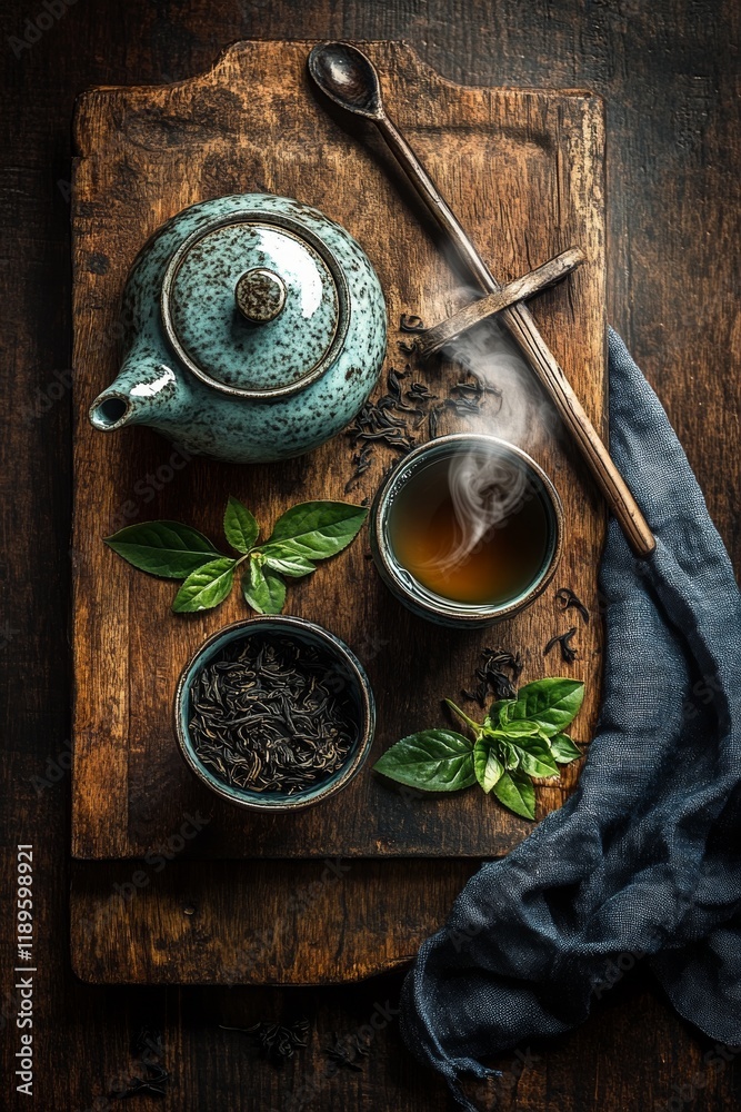 Overhead view of a rustic wooden board with a teapot, teacup, loose leaf tea, and fresh tea leaves Overhead view of a rustic wooden board with a teapot, teacup, loose leaf tea, and fresh tea leaves