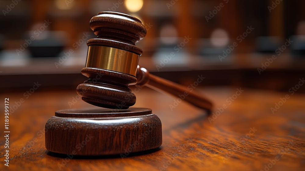Close-up of a judge's gavel on a wooden table in a courtroom. (1) Close-up of a judge's gavel on a wooden table in a courtroom. (1)