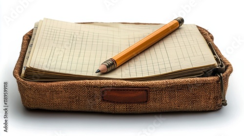 Leather pencil case with notepad and pencils arranged on a white surface