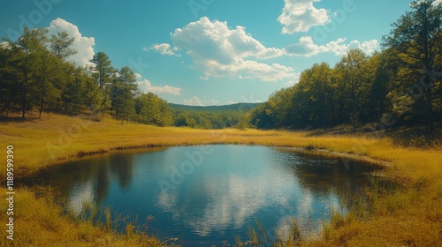 Tranquil clear pond reflecting blue sky and green hills in summer