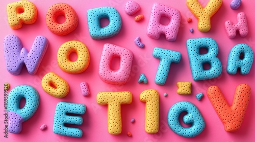 Colorful foam letters arranged on a pink background creating a playful and vi...