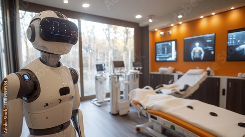 In a cutting-edge rehabilitation center, a robotic therapy assistant stands ready to aid in patient recovery. The facility is designed with high-tech equipment to enhance rehabilitation processes photo