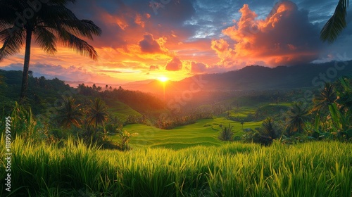 Golden sunset over terraced rice fields with mist in mountain valley