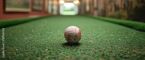 Close-up of a single golf ball on a green putting surface, with a blurred background showing a hallway with artwork. photo