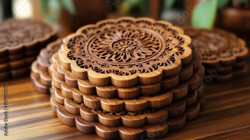 Beautifully crafted wooden coasters arranged on a wooden surface in a cozy se...