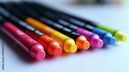 Brightly colored markers arranged in a neat row on a white surface