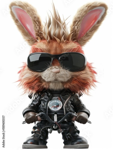 3D Cartoon Biker Bunny in Leather Gear on White Background