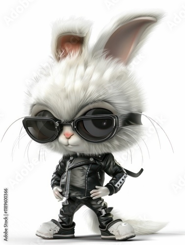 3D Cartoon Biker Bunny in Leather Gear on White Background