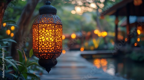 Warm glow of decorative lanterns illuminating a tranquil evening setting outd...