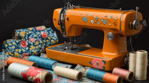 Vintage orange sewing machine with colorful threads and floral fabric pieces ...