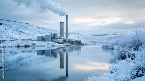 Winter Power Plant Landscape: Snowy Mountains, Calm River Reflection, Industrial Complex, Cold Climate Energy Production, Serene Winter Scene,        