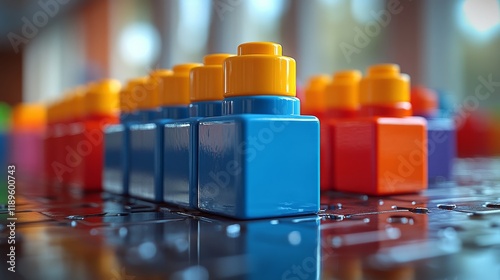 Colorful building blocks arranged in a playful pattern on a white background