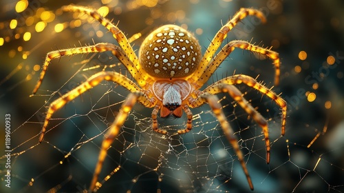 Close-up of a spider on its web, illuminated by golden light. photo