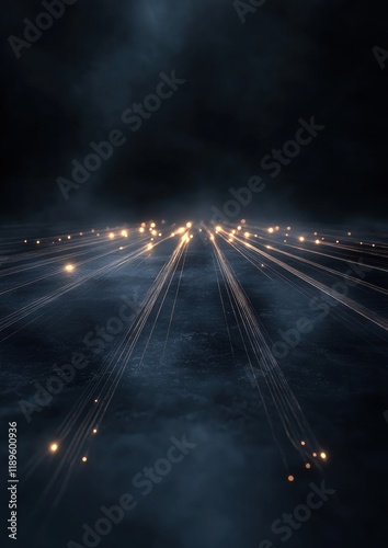 Digital art piece that appears to be a photograph of a long exposure shot of a city at night. the sky is dark and cloudy, and the city is lit up with bright orange and yellow lights.