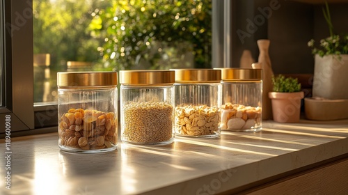 Stylish kitchen storage with glass jars filled with nuts and grains beside a ...