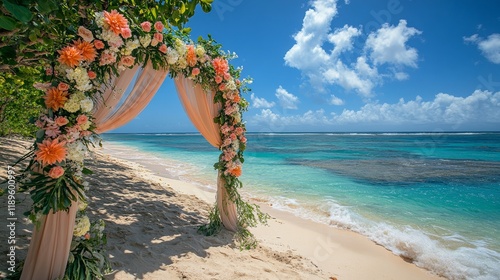 Beach wedding altar adorned with flowers and fabric under bright blue sky