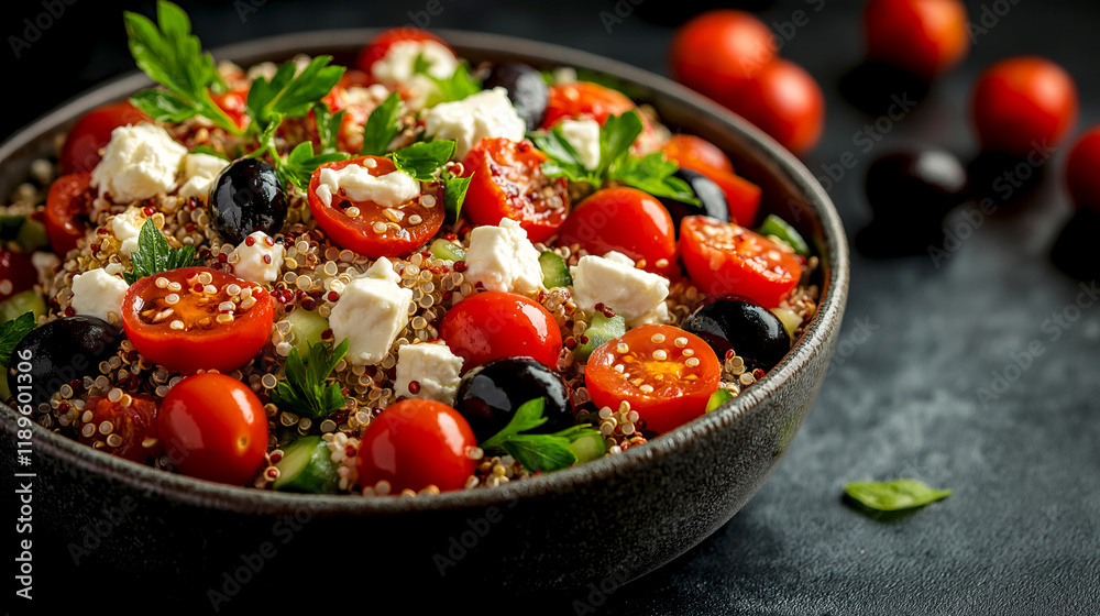 Colorful quinoa salad with cherry tomatoes, olives, and feta served in rustic wooden bowl on dark background. Fresh summer meal, spring salad, healthy summer dish for picnic, barbecue Colorful quinoa salad with cherry tomatoes, olives, and feta served in rustic wooden bowl on dark background. Fresh summer meal, spring salad, healthy summer dish for picnic, barbecue