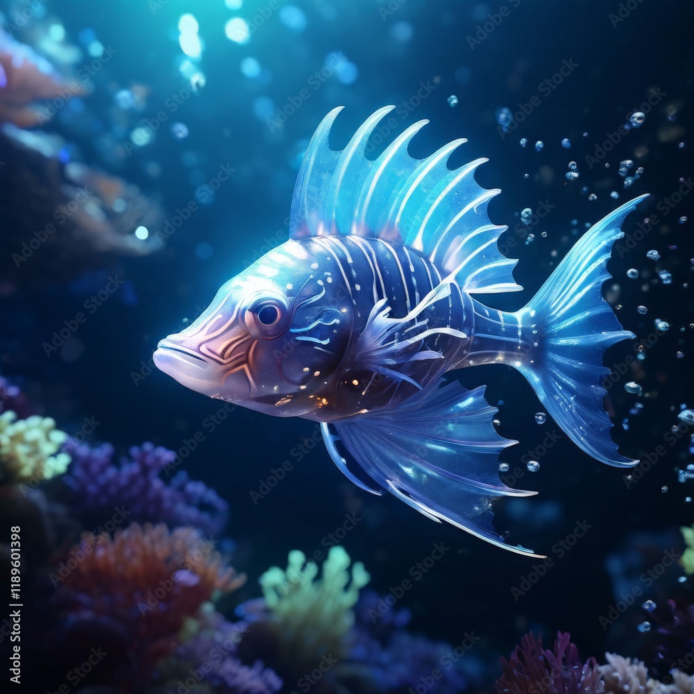 Fototapeta premium 3d illustration of a blue fish in coral reef