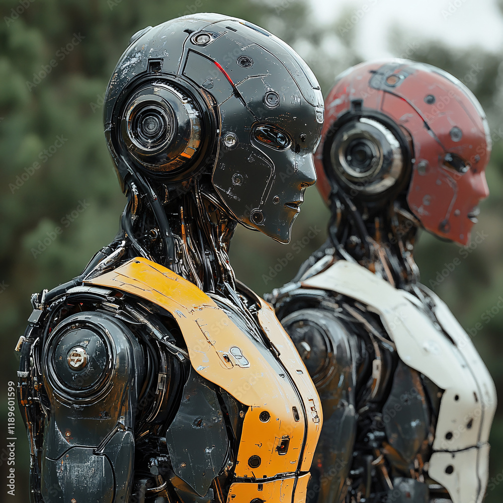 Fototapeta premium Group of futuristic humanoid robots with sleek mechanical designs and vibrant orange and white accents, showcasing advanced technology and innovation in a structured formation