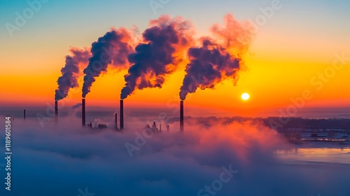 Dramatic Sunrise Over Industrial Plant with Fog and Smoke Stacks emitting pollution at dawn, vibrant orange and purple sky, atmospheric industrial    