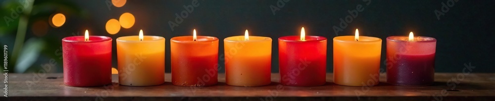 Row of colorful candles on a wooden side table, festive, sophisticated Row of colorful candles on a wooden side table, festive, sophisticated
