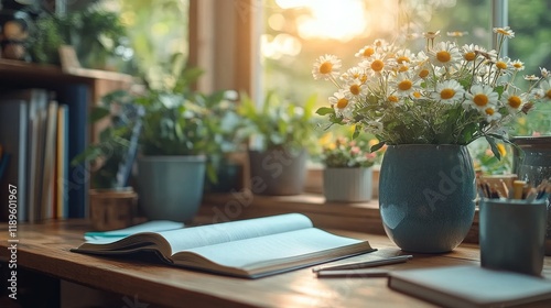 Cozy workspace with blooming flowers and sunlight streaming through the windo...