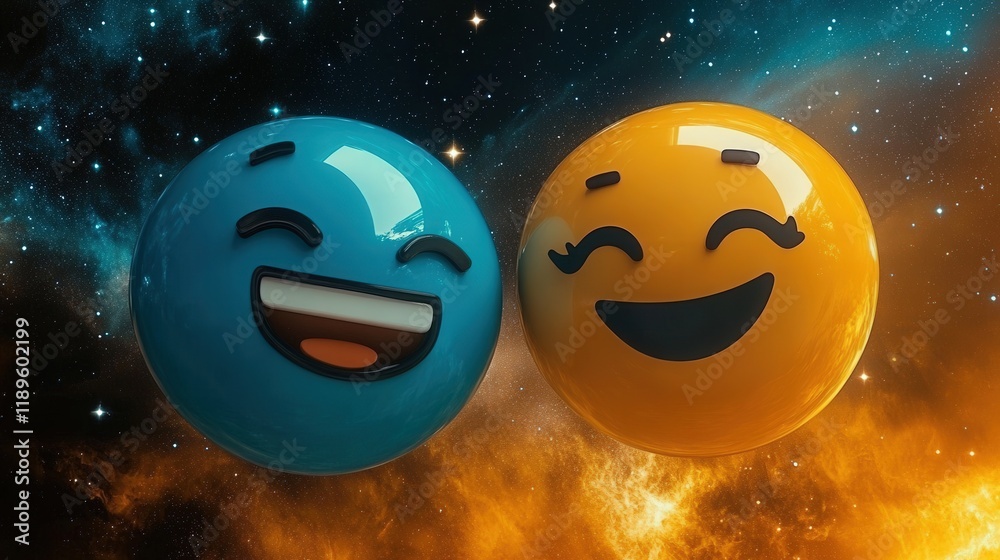 Fototapeta premium a blue smilingemoji next to a yellow smiling emoji, sage silver background 