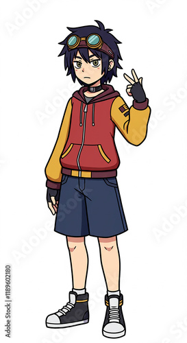 Anime Boy Character Illustration Trendy Casual Outfit Goggles Peace Sign