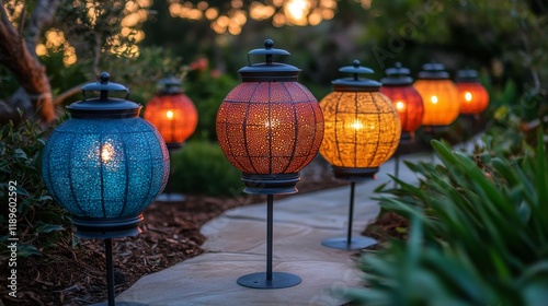 Beautiful outdoor lanterns illuminate garden pathway at twilight